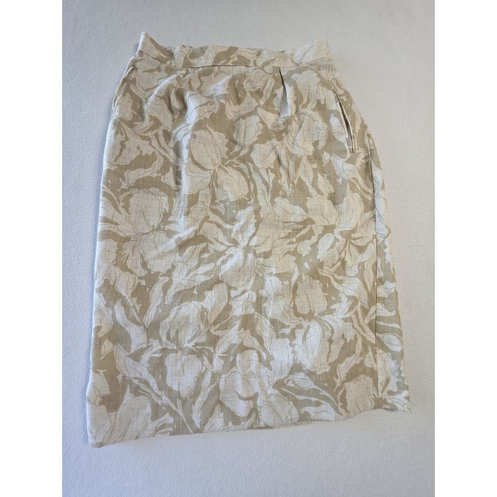 Vintage Thackery USA Linen Blend Floral Midi Skirt Women's Size 10 Beige Ivory